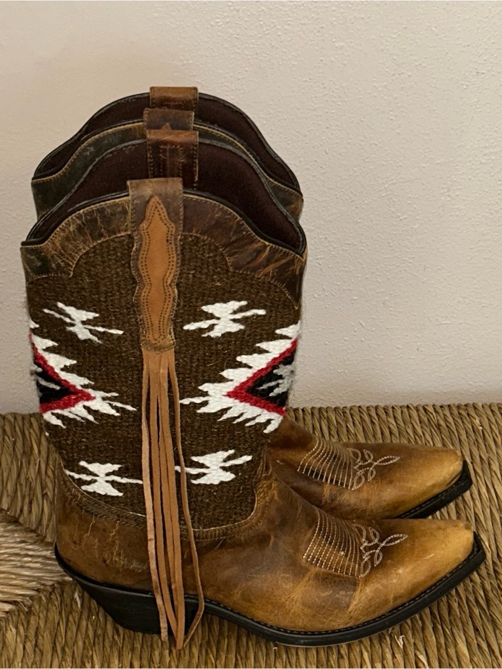 Western Cowgirl Brown Leather Textile Boots Aztec Southwestern Fringe Women 9.5